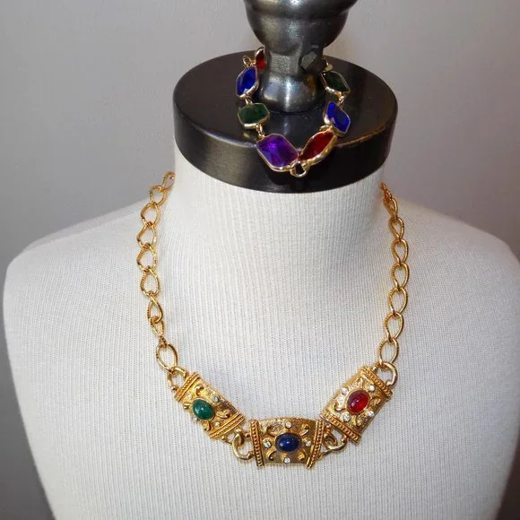 2PC Multicolored Rhinestone Gold Chain & Bracelet - Picture 1 of 2
